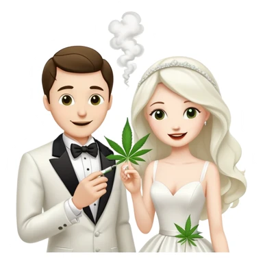 Bride in white dress and groom in tuxedo sharing a cannabis joint, cheerful cartoon wedding couple sticker