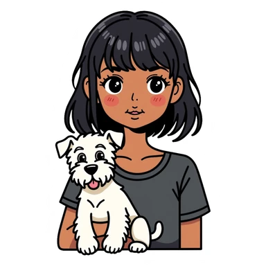 Black girl with short bangs holding a white schnauzer dog sticker