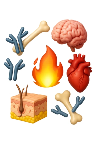 EMOJI STILE IPHONE 3D DI cervello, ossa, cuore, porzione di epidermide e cellule di anticorpi che girano in tondo, al centro di questi elementi c'è una fiamma 3d  FALLO MOLTO REALISTICO IN 3D sticker