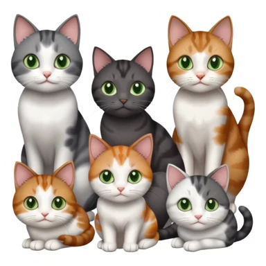 4 different coloured small cats including a dark grey and white, and a patchy calico, and a brown tabby and white,  and a completely solid dark grey with green eyes and only white paws sticker