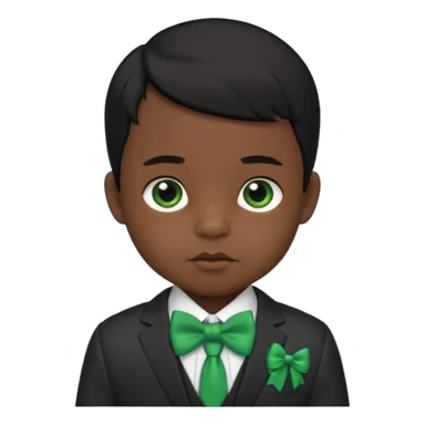 baby boy black hair in suit, with green bow sticker