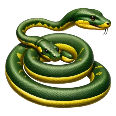 A photo-realistic top-down view of a Green Anaconda tightly coiled in a spiral, with its broad, flat head resting at the center. Its thick, muscular body is olive-green and covered in symmetrical, bold black oval spots that stand out against its smooth scales, creating striking natural camouflage. sticker