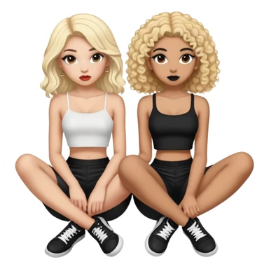 Full body of two teenage girls sitting together, one white with straight blonde hair and one brown-skinned with curly black hair, both with heavy makeup, big lips, crop tops and choni style clothing sticker