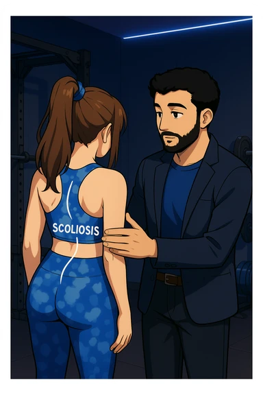 ispirati a questo stile di disegno e fai questa immagine in versione manga/webtoon a colori, il manga mostra la donna di spalle, mentre l'uomo le tocca la spina dorsale per spiegarle come funziona la scoliosi:
Con una scoliosi il baricentro corporeo cade maggiormente da un lato; per non cadere la schiena compensa accumulando tensione sul fianco opposto.
Il risultato? Si inclina e ruota sempre più, fino a che non cede (discopatie, artrosi, ecc) sticker