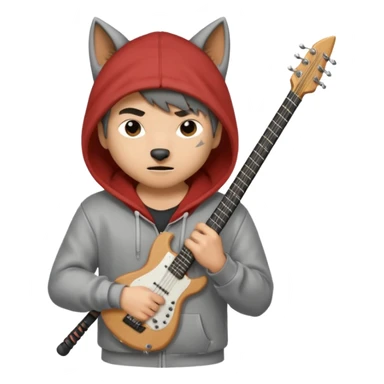 Wolf Cut boy wearing hoodie with a katana on his back and a guitar behind him sticker