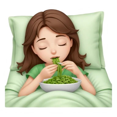 Brown haired girl eating green pasta asleep in white bed sticker