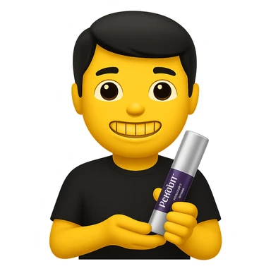 Edit the image in a Genmoji emoji style. Make her teeth yellow. Ensure she is holding only the attached purple and silver spray can, with nothing else in her hands. Keep her black hair and black t-shirt as is. sticker