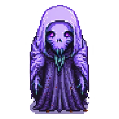 a creepy tall black ghost, hair draped over shiny purple eyes, pixel art style sticker