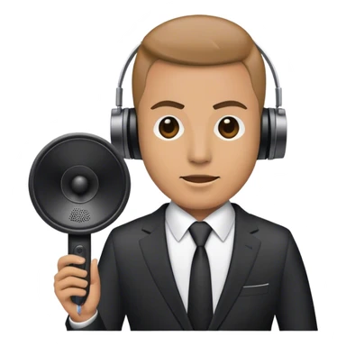 A man with a suit with a speaker as a head sticker