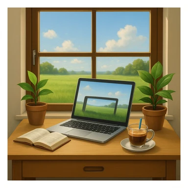 A laptop facing the front with an open window showing outdoor grass and sky, in the style of the reference image. sticker