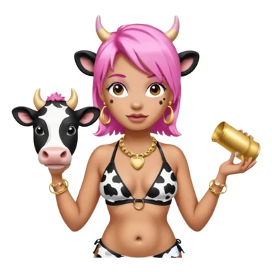 fat tan pink hair nicki minaj hucow with cow ears woman with inflated belly in black and white cow print bikini with gold hoop earrings and cow bell collar sticker