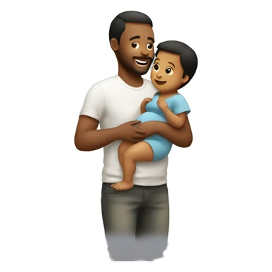 Pregnant man holding his toddler on his arms while his toddler plays with dads pregnant belly sticker