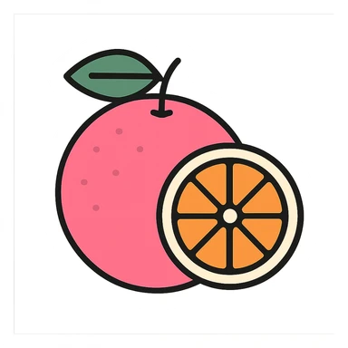 outlined icon of a whole pink grapefruit with a leaf, minimal and clean design, 3-4 colors, orange, white, and pink palette sticker