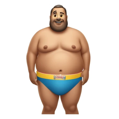 Fat man wearing a speedo while holding fully loaded hotdogs sticker