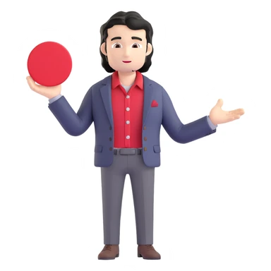 Business strategist with black wavy hair, stubble, chiseled face, wearing blazer and button-up shirt, giving an inspirational TED-style talk about innovation on a minimalist stage with red circle, dynamic speaking pose sticker