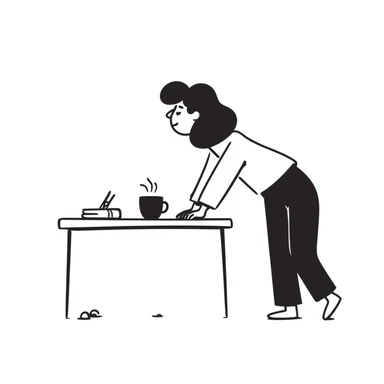 sketch of a person with sloping shoulders, hands up, sitting at an office desk, as if dodging responsibility sticker