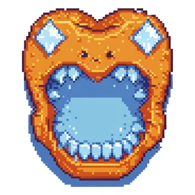 Pixel art blue freezing face with chattering teeth and ice crystals sticker