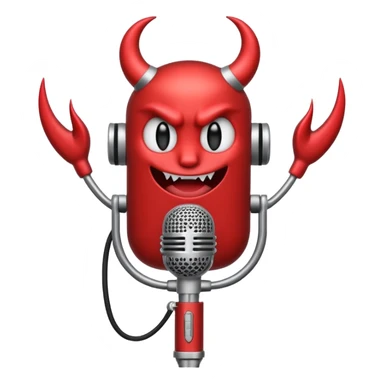 Minimalist emoji-style sticker of a classic retro microphone with small devil horns and a subtle tail wrapping the base. Grayscale with slight red accents.
 sticker