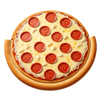 "A whole pepperoni pizza, hyper-realistic, glossy 3D illustration, soft studio lighting, bright red pepperonis, yellow cheese, brown crust, white background, iOS emoji style." sticker