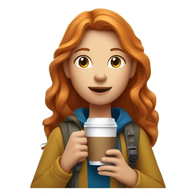 ginger girl long hair hiking in mountains with coffee and dog  sticker