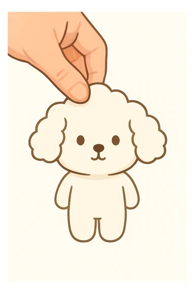 Remove only the bows from the dog's head, keep the hand holding and everything else exactly the same, in the same cute chibi stickers style. sticker
