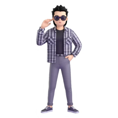 Satoru Gojo from Jujutsu Kaisen with spiky black hair, wearing black and white checkered shirt, black pants, confident expression, sunglasses on top of head sticker