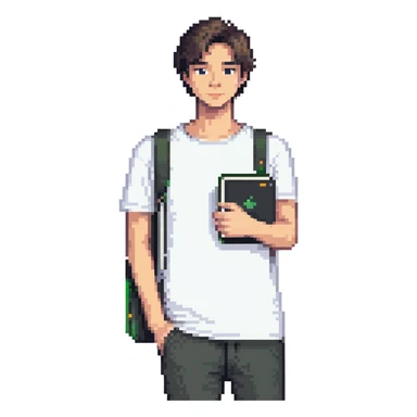 programmer wearing a white t-shirt, holding a notebook sticker