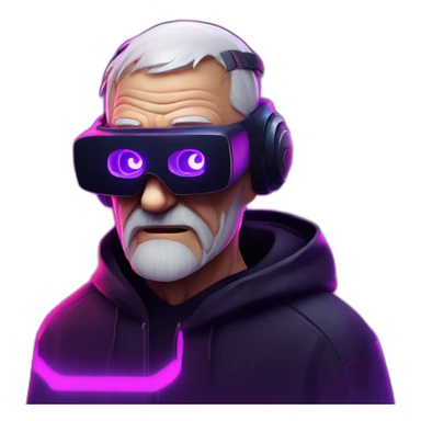 Russian old man wearing a black hoodie with "OMG" letters on it and VR headset in a cyberpunk VR environment with violet neon lighting. sticker