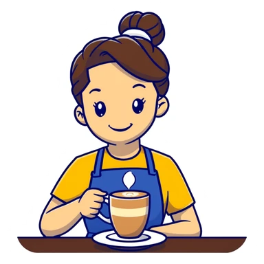 Cute brunette barista girl with hair in a bun wearing yellow shirt and dark blue apron, she's relaxed and making latte art, smiling at the coffee cup sticker