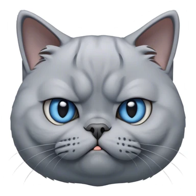 Cinematic Comical Grey British Shorthair Cat Portrait Emoji, Head tilted with a scrunched, grumpy expression, sleek soft grey fur with subtle blue undertones, Simplified yet sharp features, highly detailed, glowing with a slightly sarcastic glow, high shine, poised but with a comically displeased demeanor, stylized with an air of playful disdain, focused yet unimpressed, soft glowing outline, capturing the essence of a grumpy yet endearing kitty, so lifelike it feels like it could give you an exaggerated sigh and a disapproving stare at any moment! sticker