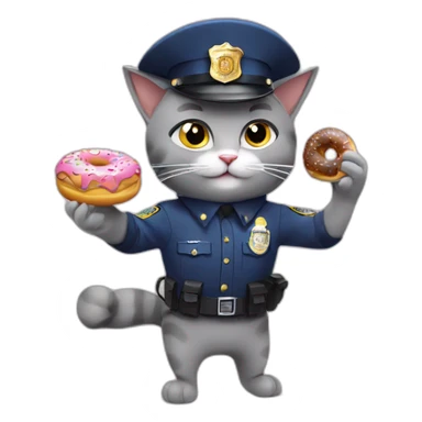 grey cat in police hat eating 3 doughnuts sticker