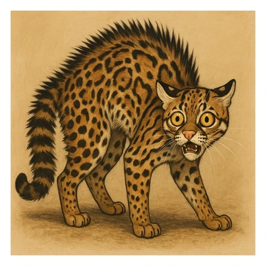 an ocelot with arched back, fur standing on end, wide eyes, frightened expression, simple background sticker