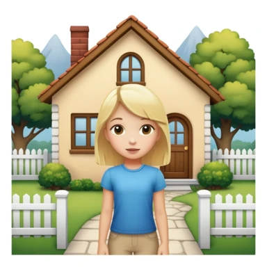 a blonde girl standing outside a small cute home sticker