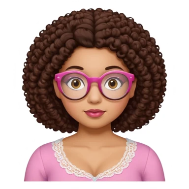 medium-light kinned afro-latina girl with medium length chocolate brown side part curly hair, brown glasses, brown eyes, pink and white sweetheart necklined top with lace, round wide-ish nose, chubby oblong face sticker
