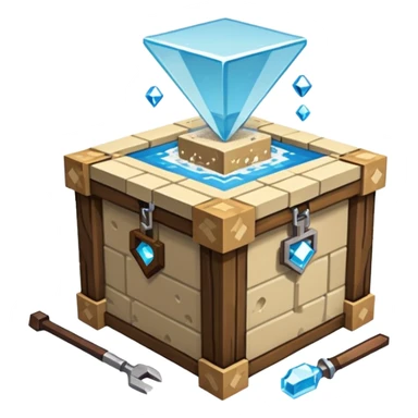 crafting table with tools, stone, wood, glass, sand, steam, water, diamonds... like a minecraft style cube crafting table  sticker