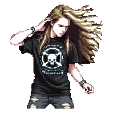 A person headbanging with long hair, wearing a metal band t-shirt sticker