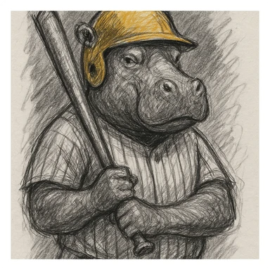 hippo holding a baseball bat, wearing a yellow helmet, pinstripes outfit sticker