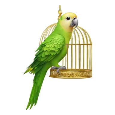 green and tan parakeet sitting on gold birdcage sticker