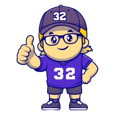 Man with black and white cap, purple sports jersey with number 32, clear glasses, disheveled light blond mullet hairstyle, thumbs up gesture, relaxed expression sticker