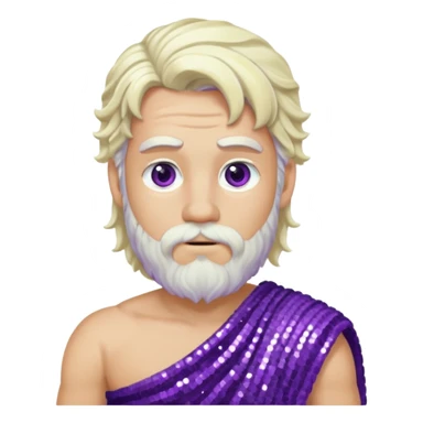 Zeus from Greek Gods with long platinum blonde wavy hair and short beard, purple sequin toga sticker