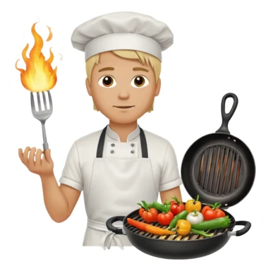 man with tied blond hair and and a white apron grilling vegetables on a sizzling grill sticker