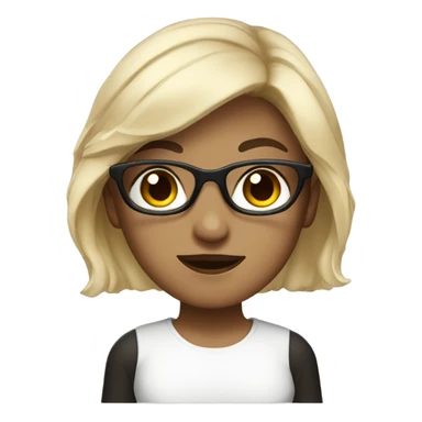 A girl with black glasess dark brown hair dark brown eyes color and white shirt sticker