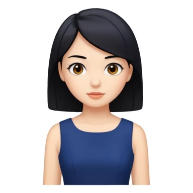 A girl with black hair, dark brown eyes, a beautiful face, short, straight hair to the shoulders, and a navy blue dress. sticker