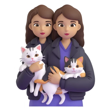 Light-skinned girl with brown straight hair wearing a black jacket, holding one completely white cat and one calico cat sticker