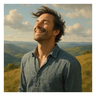 A smiling man with wind-blown hair, eyes closed, face turned to the sky, standing on a hilltop, capturing the feeling of a free spirit, gentle realistic style sticker