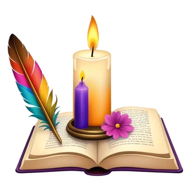 Aesthetic candle, feather quill in ink glass, open book, flower petals sticker