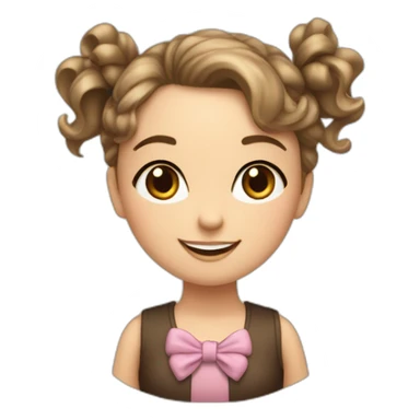 White girl, with wavy hair and two bows on top with two bows. Dark brown eyes and dimpled smile sticker