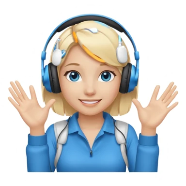 girl with blonde hair and blue eys, having on ears heaphones, with heands telling what  sticker
