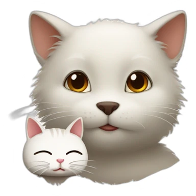 Furry white cat looks at brown wombat sticker