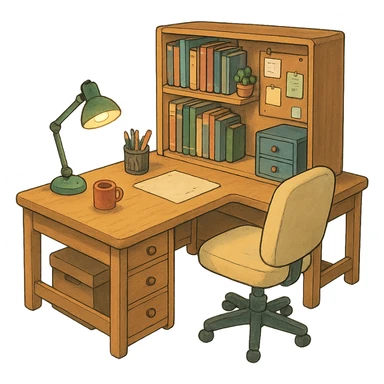 modular office desk in Ghibli style, cozy and inviting atmosphere sticker